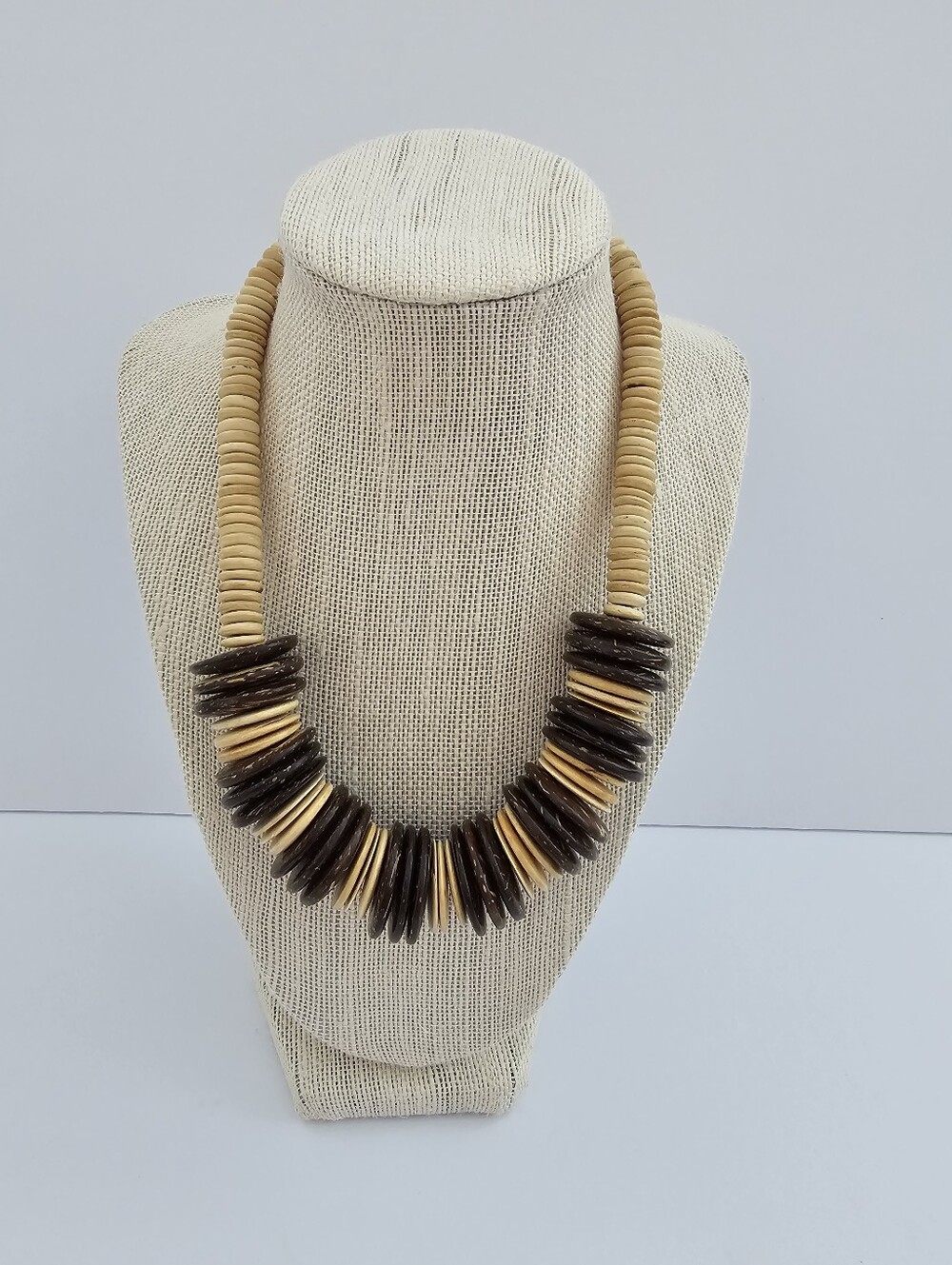 Vintage Coconut Shell Disc Bead Necklace 18” Two-Tone Boho Chunky Heishi​
